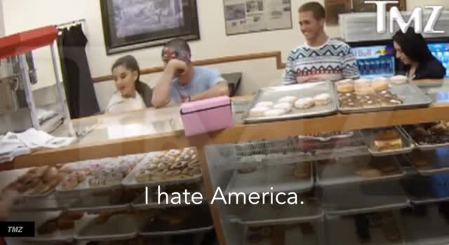 Ariana Grande licking a donut and saying "I hate America"