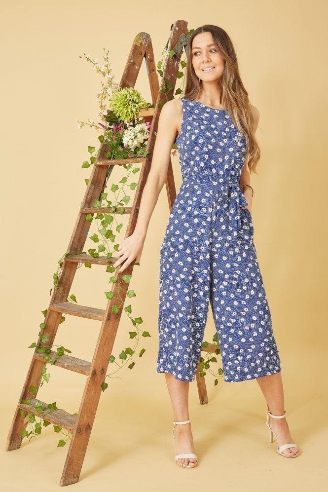 Mela Blue Floral And Dash Print Culotte Jumpsuit