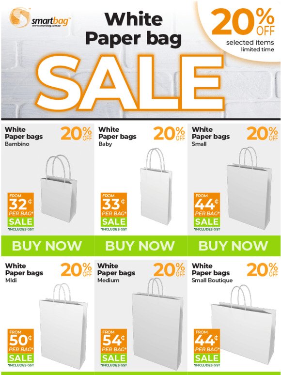 WHITE PAPER BAG SALE - 20% OFF