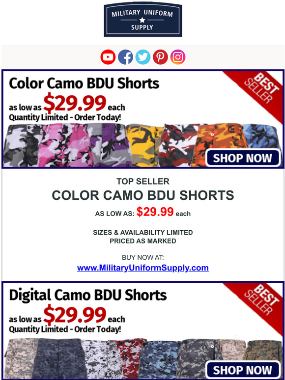 LOW PRICE on Camo Shorts and Belts! Buy Today!