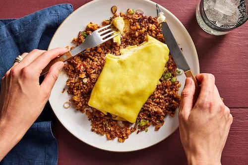 Cheesy Omelet Duvet With Gochujang Fried Rice 