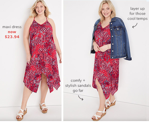Maxi dress now $23.94. Comfy + stylish sandals go far. Layer up for those cool temps.