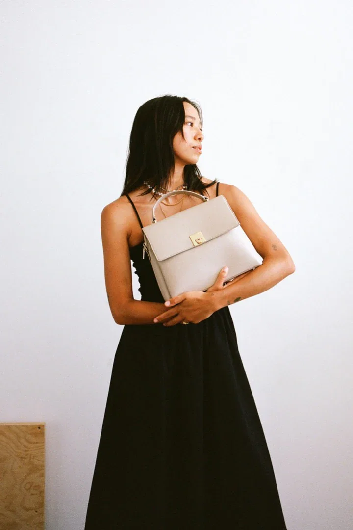 Image of Pebble Leather Top Handle Bag | Stone
