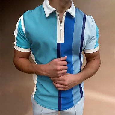 Men's Golf Shirt 3D Print Striped Geometry Turndown Going out golf shirts Zipper Patchwork Short Sleeve Tops Designer Punk & Gothic Sports Brown Light Blue