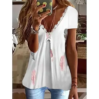 summer explosion  independence station floral feather cotton blended lace v-neck  short sleeve top t-shirt unpositioned printing