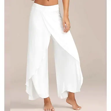Women's Basic Casual / Sporty Culottes Wide Leg Chinos Layered Split Ruffle Pants Casual Daily Stretchy Letter Mid Waist Loose White Black Wine Army Green Dark Gray S M L XL XXL / Yoga / Elasticity