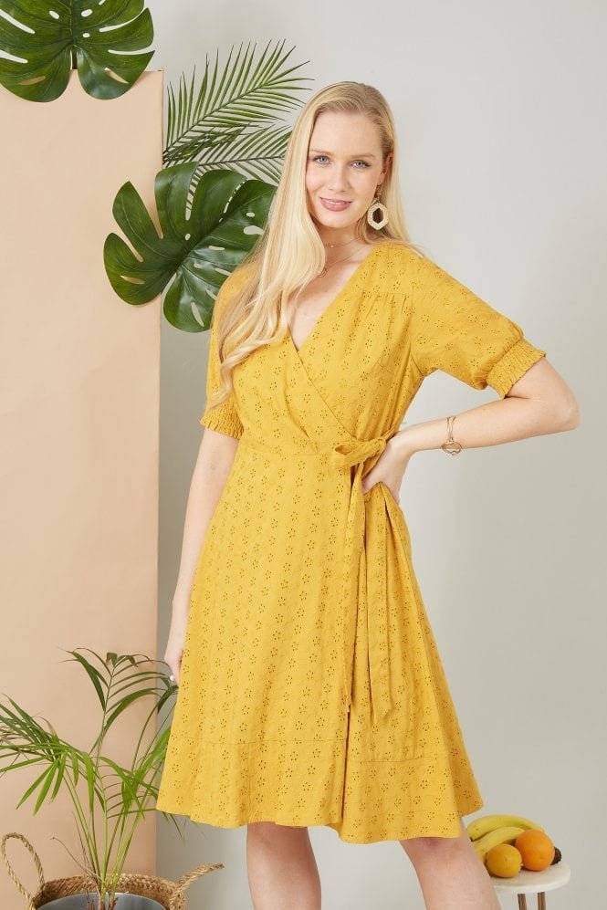 Mustard Cotton Broderie Anglaise Wrap Dress