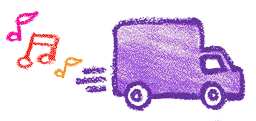 Crayon drawing of delivery truck with music notes