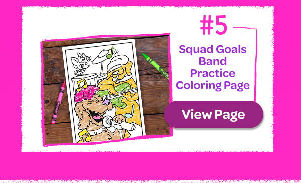Partially colored-in Squad Goals Band Practice Coloring Page