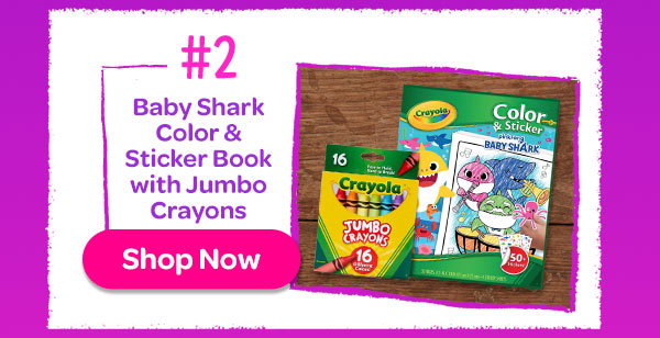 A 16 count box of Jumbo Crayons and a Baby Shark Color & Sticker Coloring Book on table