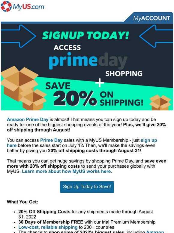 It's Almost Here! Prime Day Starts Soon + Get 20% off Shipping With a MyUS Membership