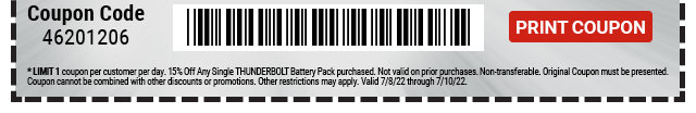 Everyone Saves 15% off any THUNDERBOLT Battery - Inside Track Members Save 20% - Print Coupon