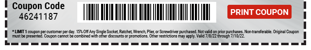 Everyone Saves 20% off any Socket, Ratchet, Wrench or Pliers - Inside Track Members Save 25% - Print Coupon