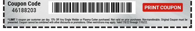 Everyone Saves 10% off any Welder or Plasma Cutter - Inside Track Members Save 15% - Print Coupon