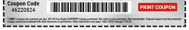 Everyone Saves 10% off any COVERPRO Canopy - Inside Track Members Save 15% - Print Coupon