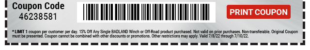 Everyone Saves 15% off any Badland Winches & Offroad Product - Inside Track Members Save 20% - Print Coupon