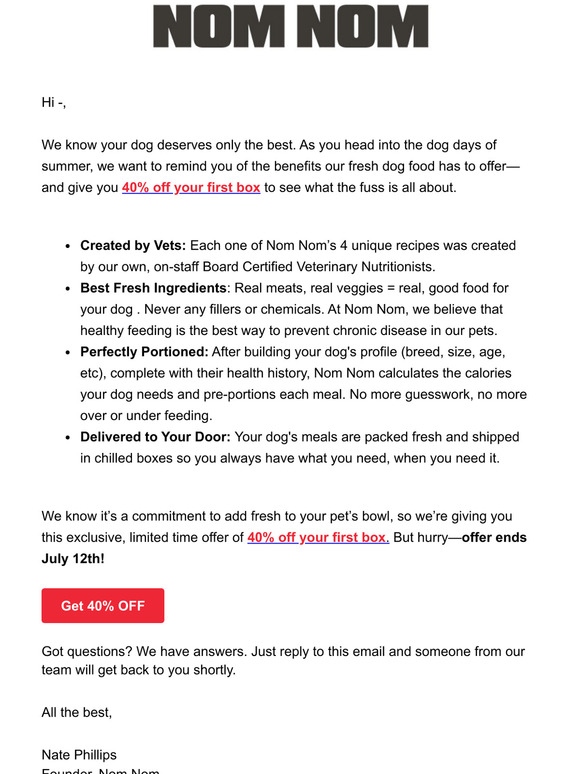 Summer Special: 40% off fresh dog food