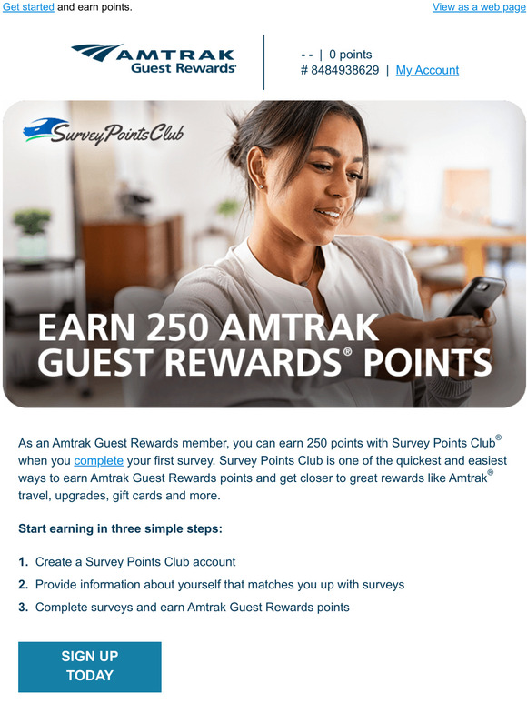 Amtrak —, earn 250 points on your first survey. Milled