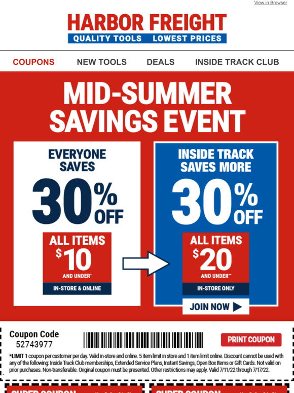 Harbor Freight 30 off Coupon Inside Save on Items 10 & Under Milled