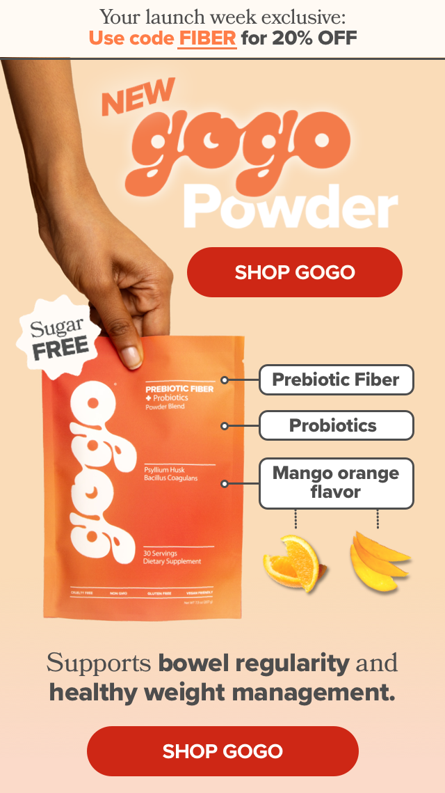 New GOGO Powder with prebiotic fiber, probiotics, and a sugar-free mango orange flavor