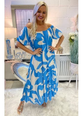 Blue Patterned Cotton Bardot Maxi Dress