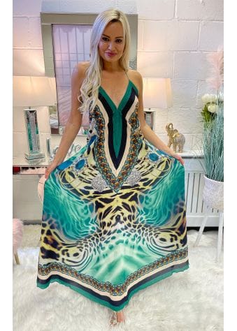 Green Jewelled Leopard Print Halterneck Maxi Dress