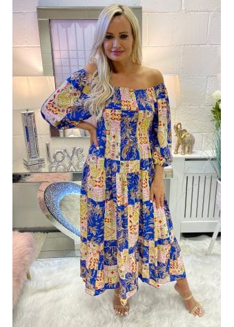 Cobalt Blue Paisley Patchwork Bardot Maxi Dress