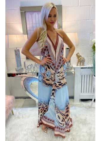 Baby Blue Jewelled Leopard Print Halterneck Maxi Dress