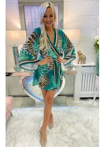 Green Leopard Print Short Kimono Kaftan Dress