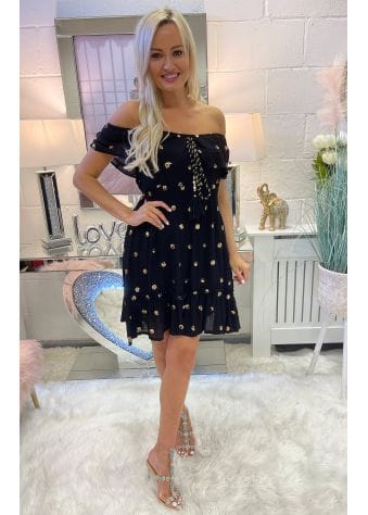 Black Gold Sequinned Bardot Dress