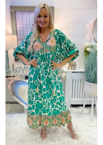 Green Contrast Giraffe Print Maxi Dress