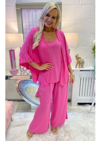 Hot Pink Crepe Satin 3 Piece Co-Ord Trouser Set