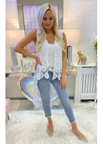 White Crochet High Low Sleeveless Cardigan