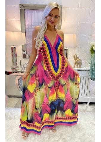 Pink Blue Feather Floral Print Halterneck Maxi Dress