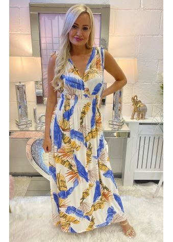White Palm Leaf Slinky Maxi Dress