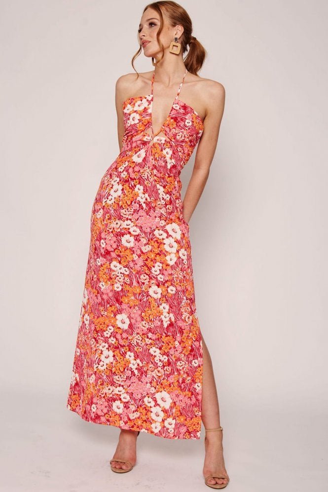 Pink Floral Print Halterneck Cross Details Split Maxi Dress