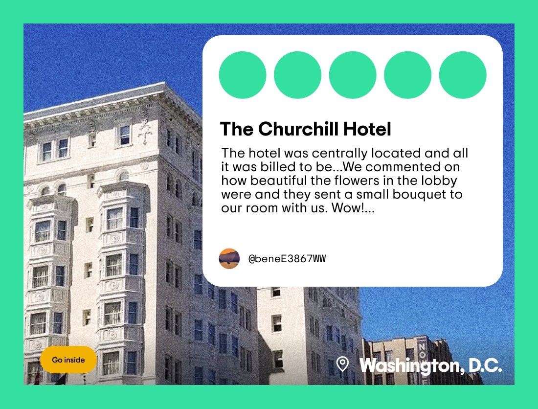 The Churchill Hotel—Washington, D.C. The hotel was centrally located and all it was billed to be...We commented on how beautiful the flowers in the lobby were and they sent a small bouquet to our room with us. Wow!...—@beneE3867WW. Go inside