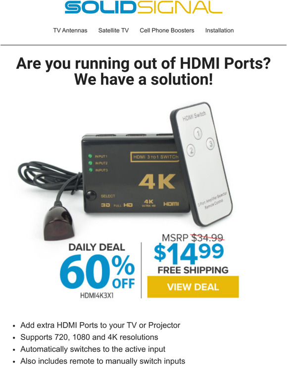 Solid Signal Easily Add More HDMI Ports to Your TV! Milled