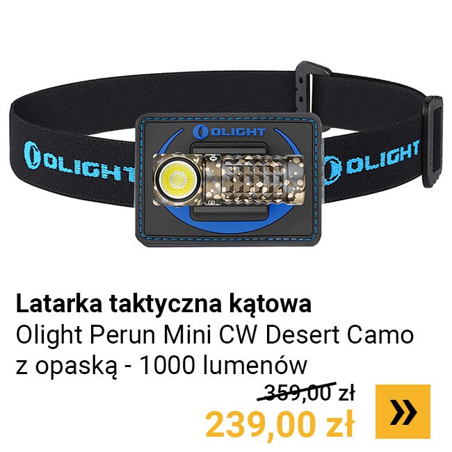 Latarka taktyczna kątowa Olight Perun Mini CW Desert Camo z opaską - 1000 lumenów