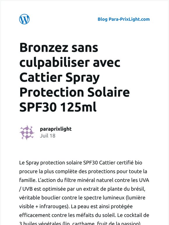 [Nouvel article] Bronzez sans culpabiliser avec Cattier Spray Protection Solaire SPF30 125ml