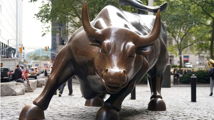 The Charging Bull statue, also known as the Wall St. Bull, is pictured in the financial district in of New York, September 9, 2020.