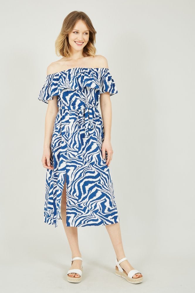 Yumi Blue Zebra Print Bardot Dress