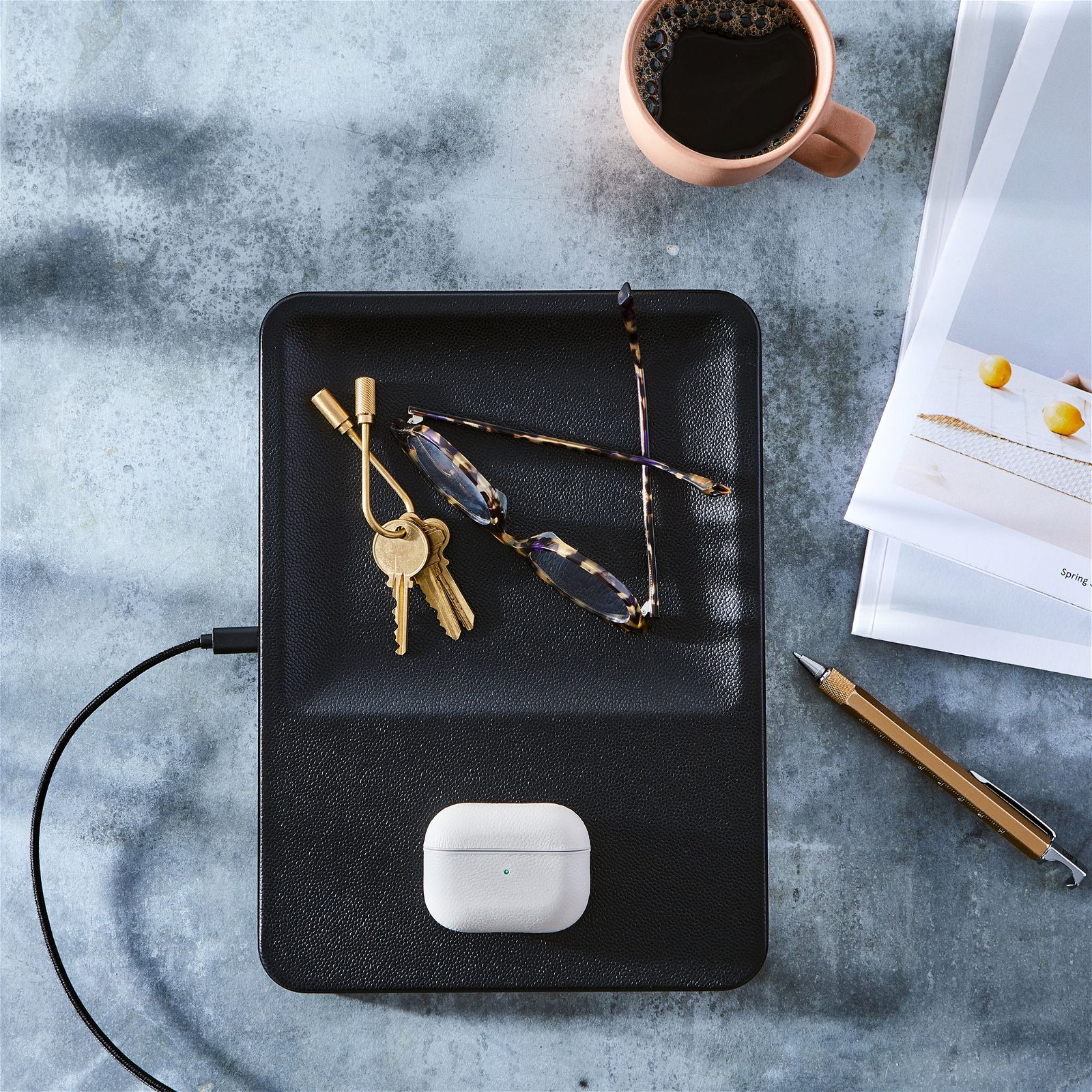 Wireless Phone Charging Leather Accessory Tray