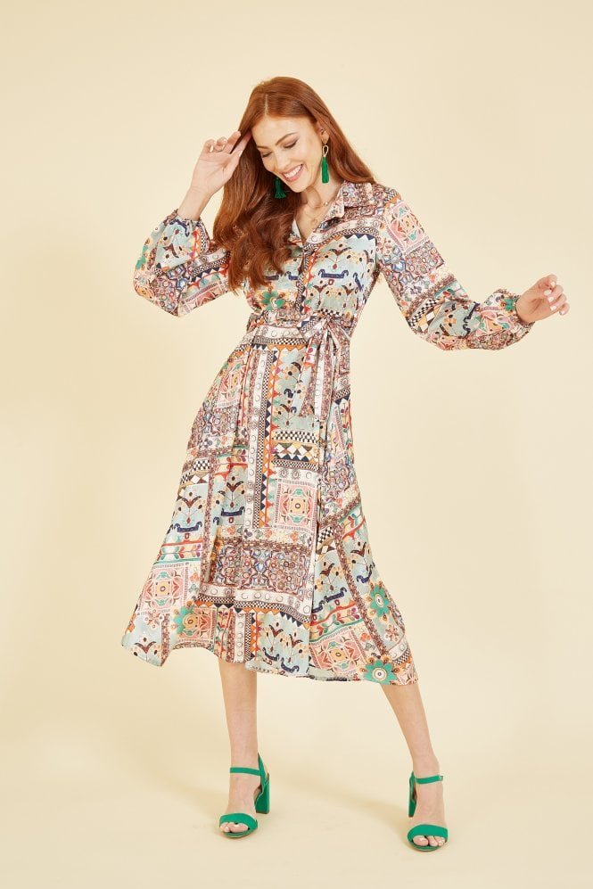 Yumi Patchwork Print Long Sleeve Shirt Dress