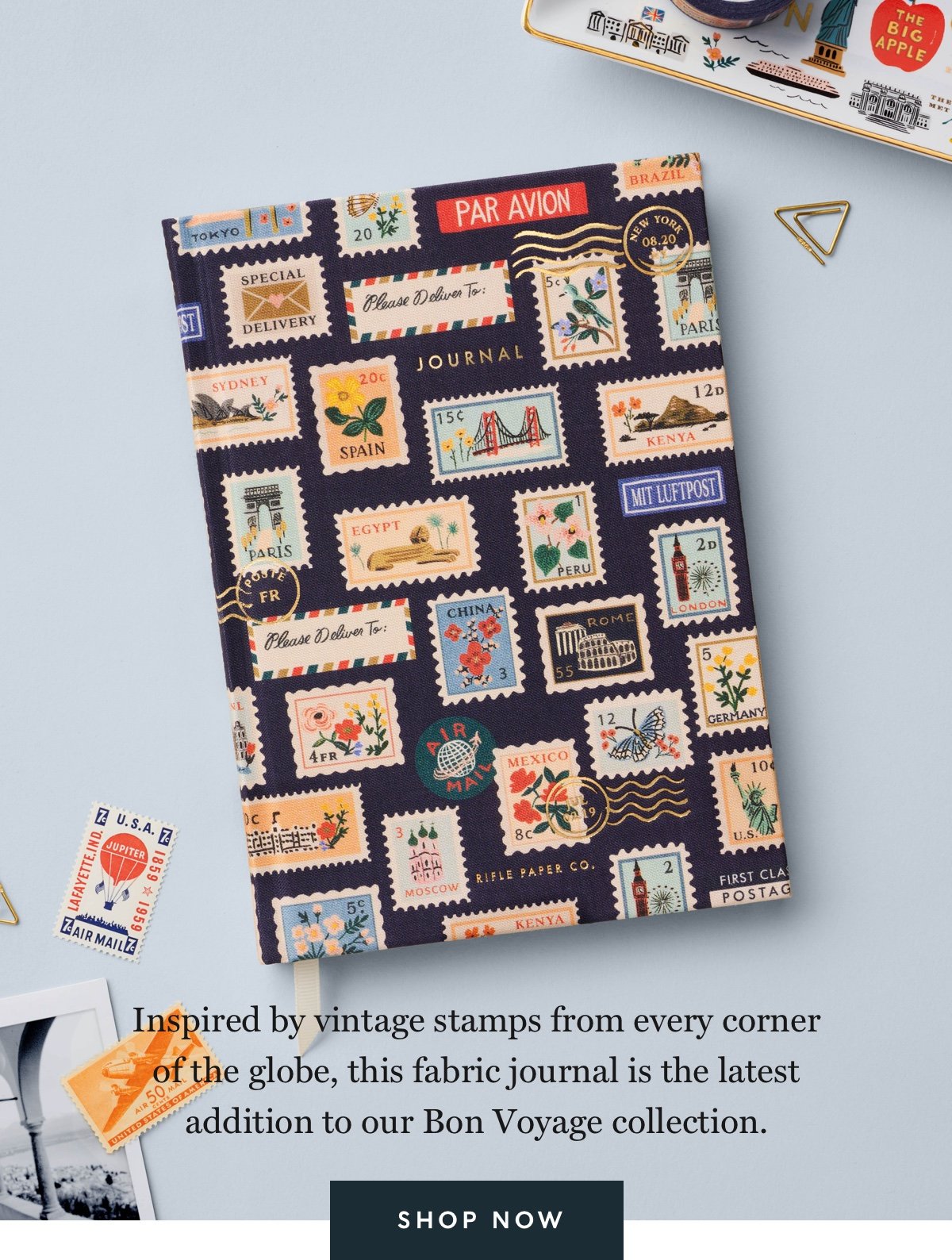 Inspired by vintage stamps from every corner of the globe, this fabric journal is the latest addition to our Bon Voyage collection.
