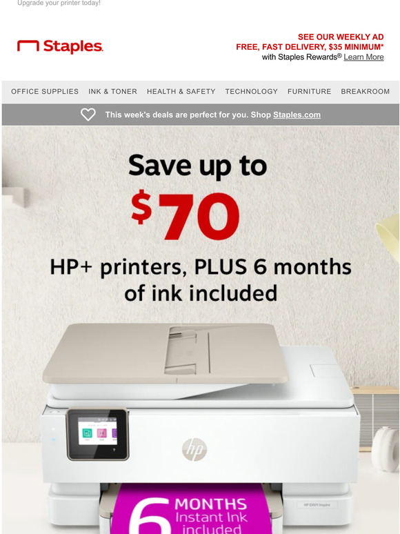 Staples 6 months of free ink plus 70 off on HP+ printers. Milled