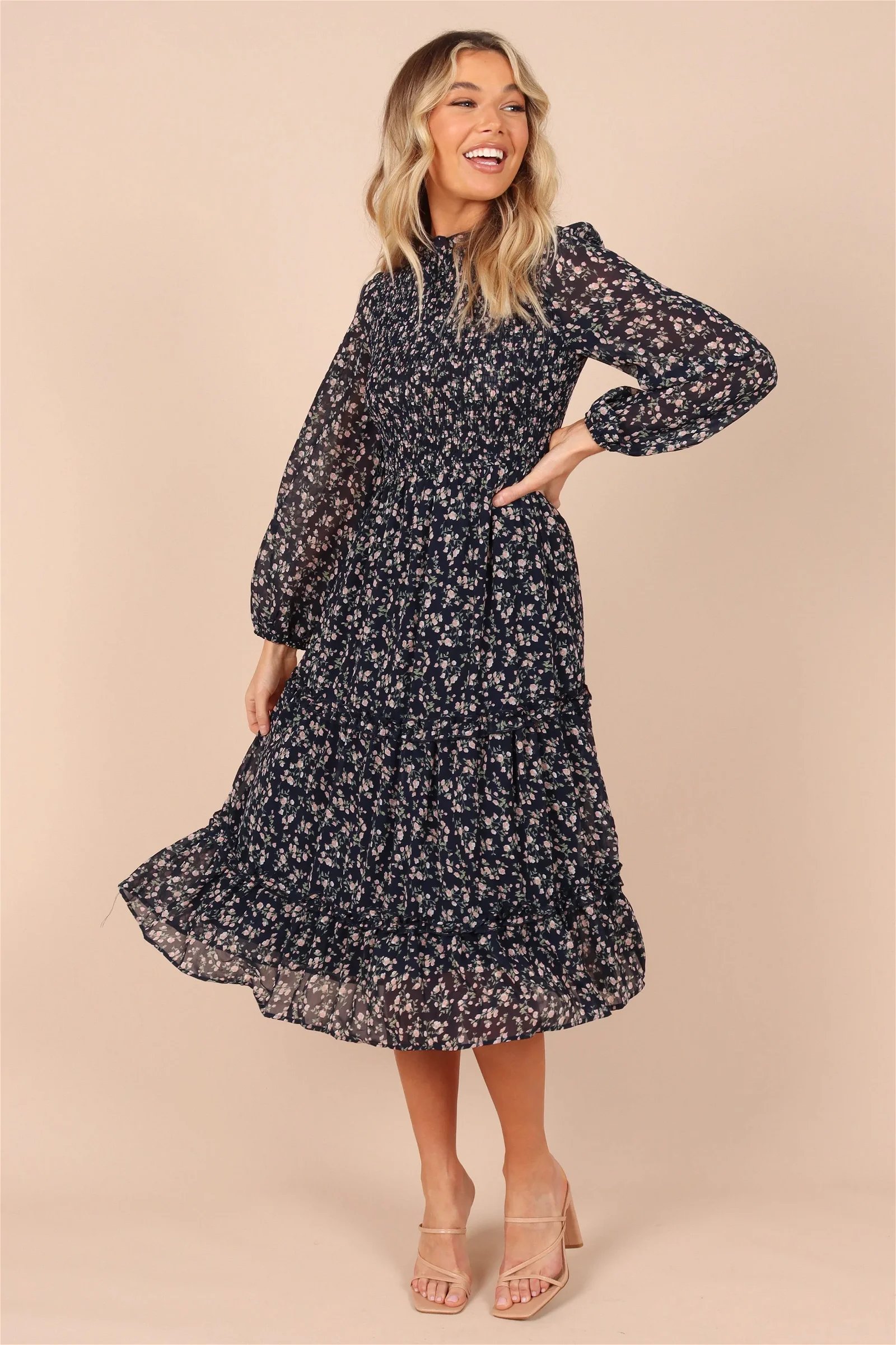 Edwina Shirred Frill Long Sleeve Midi Dress - Navy Floral