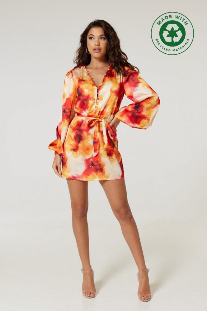 Jasmine Short Shirt Recycled Satin Dress in Orange Print