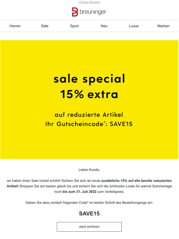 📢 Nur für Sie: ab sofort 15% extra im Sale