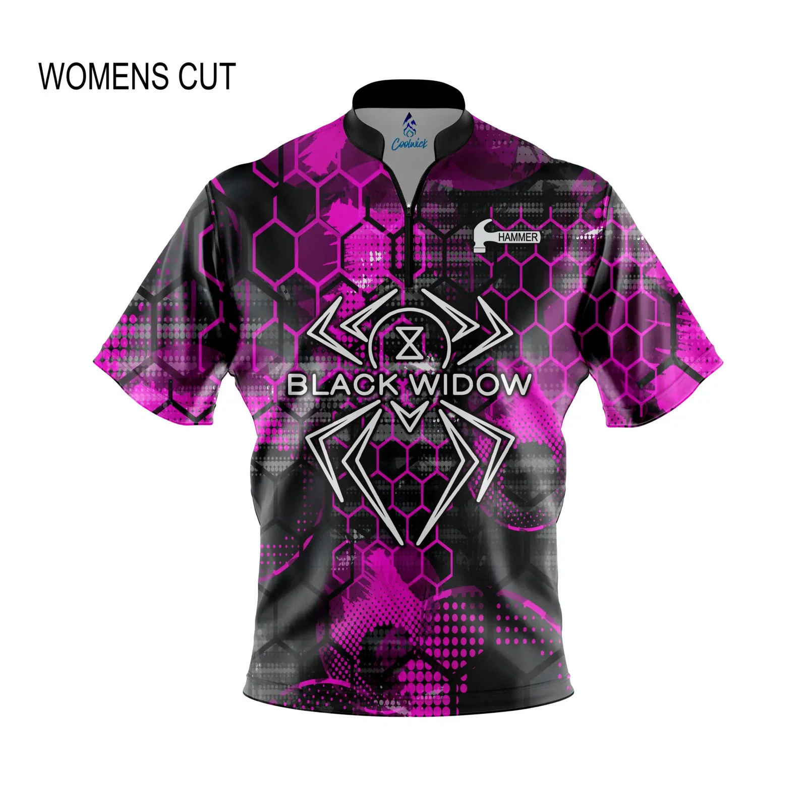 Image of Hammer Black Widow Pink Honeycomb Womens Quick Ship CoolWick Sash Zip Bowling Jersey